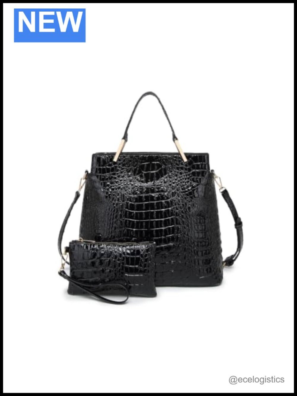 2 Piece Crocodile Pattern Tote Purse Set with Wristlet, Vegan Faux Leather,